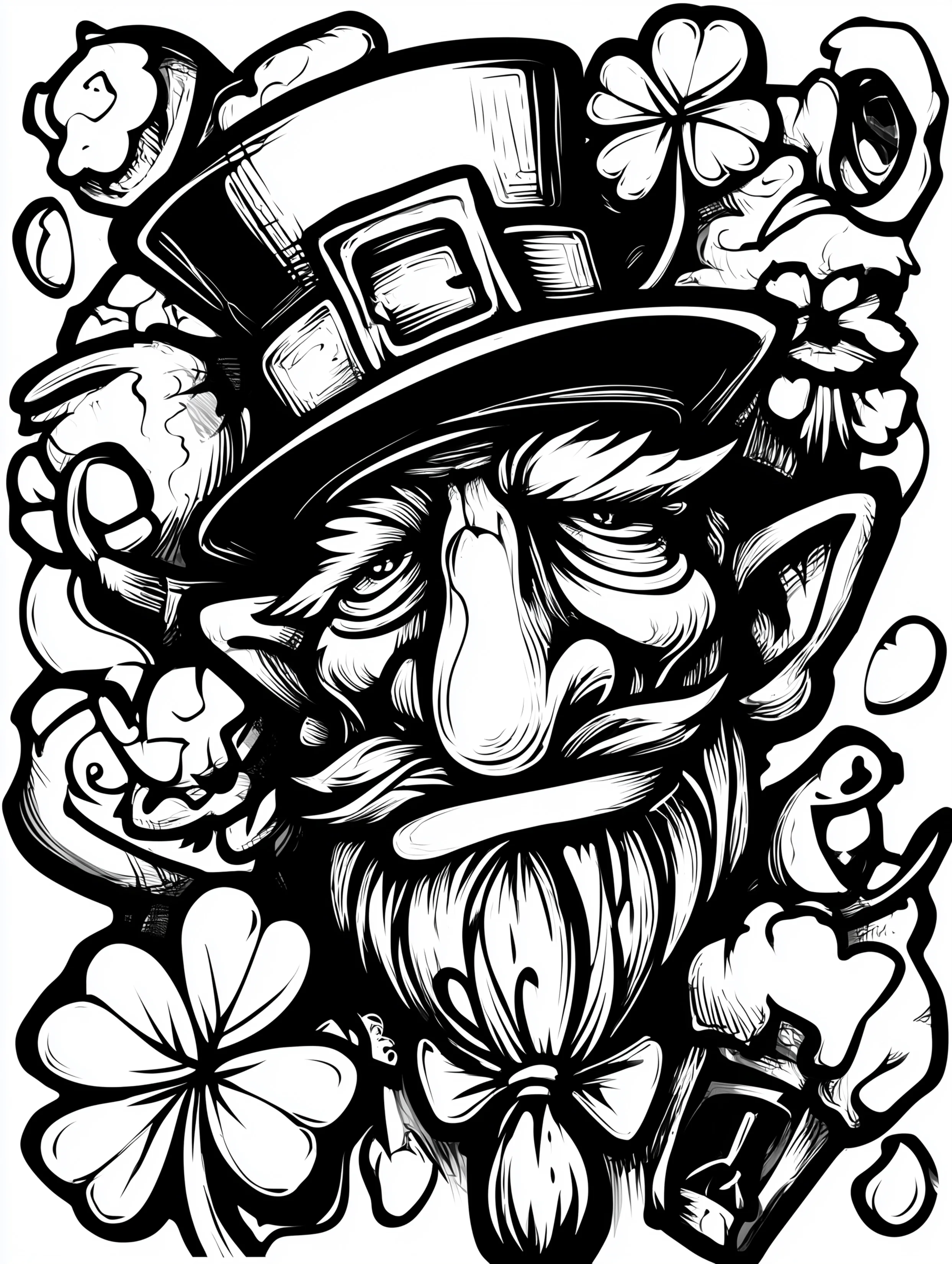 Free printable St Patricks Day coloring page for adults featuring a leprechaun with a tied beard